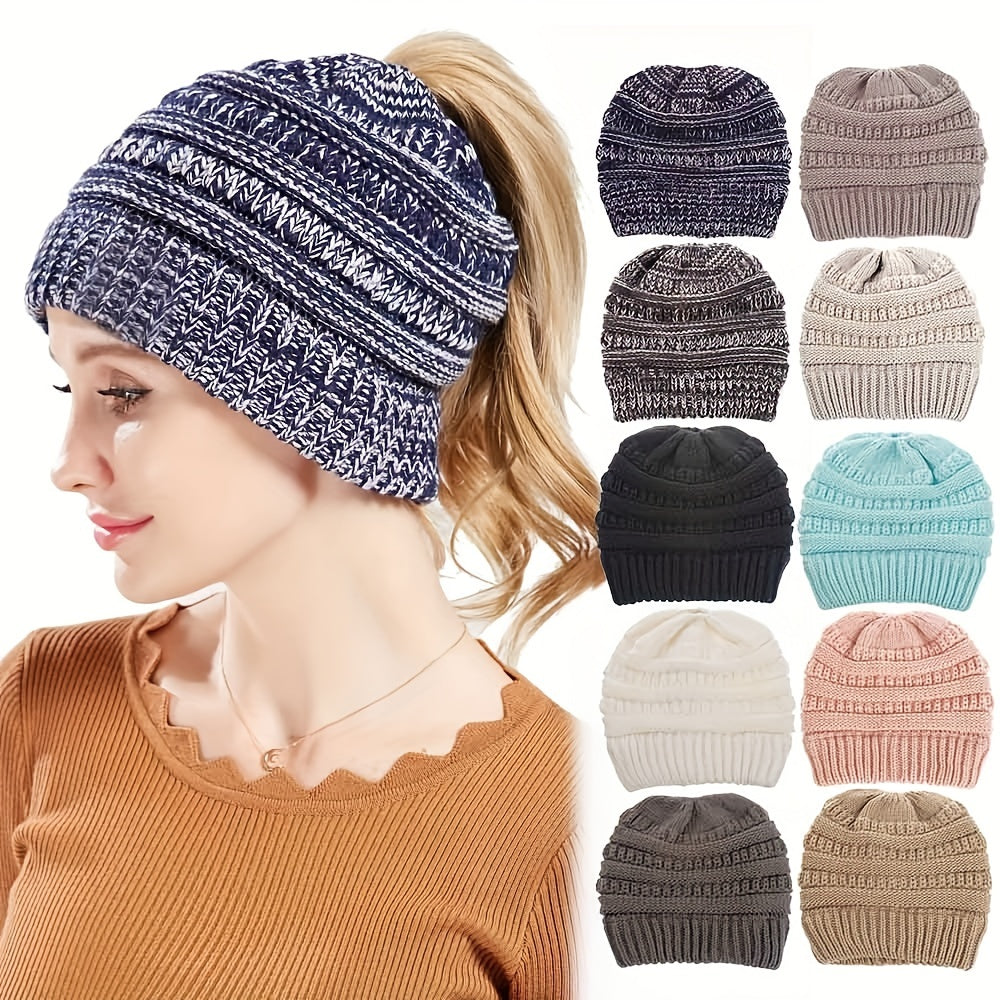 Stay Warm and Stylish with this Brimless Thermal High Bun Ponytail Winter Beanie Hat!